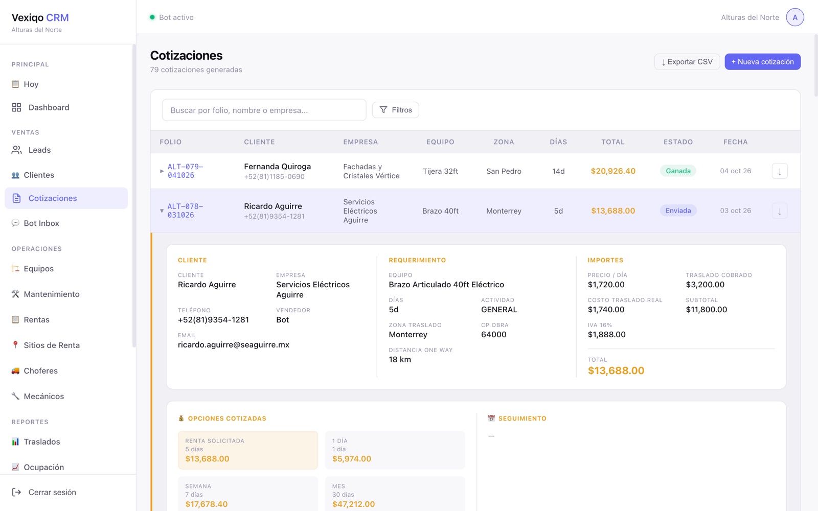 Pantalla de cotizaciones de Vexiqo con folios, clientes, equipos y estatus