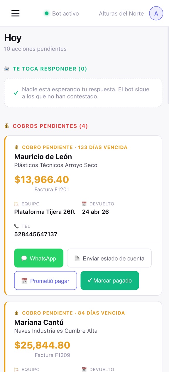 Pantalla Hoy de Vexiqo en el celular con las rentas que vencen, la cobranza vencida y los mantenimientos pendientes